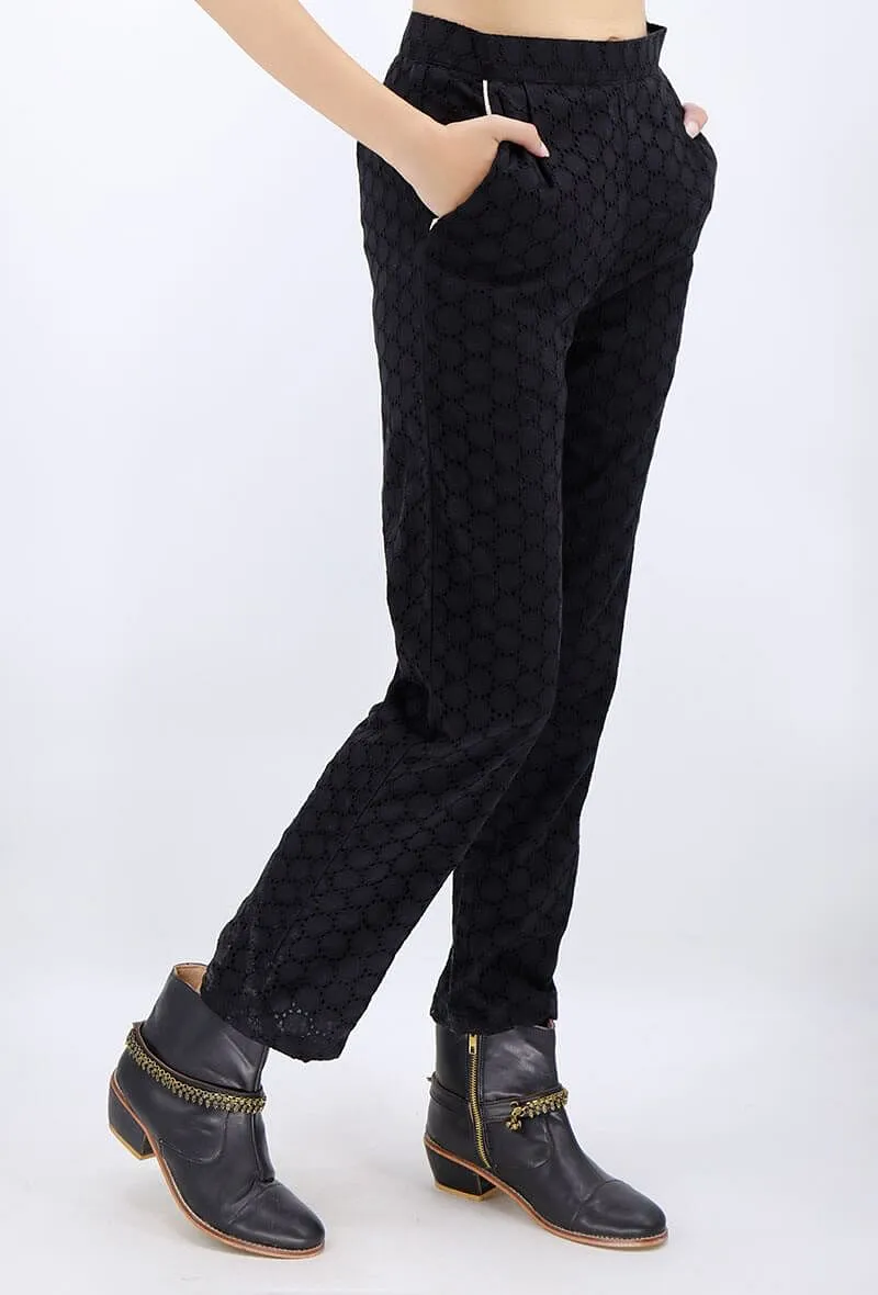 Black Cotton Schiffli Pants With Contrast Piping