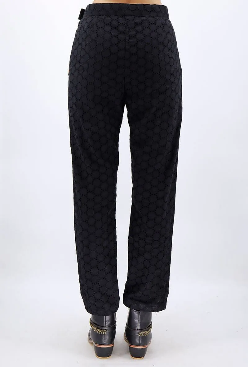 Black Cotton Schiffli Pants With Contrast Piping