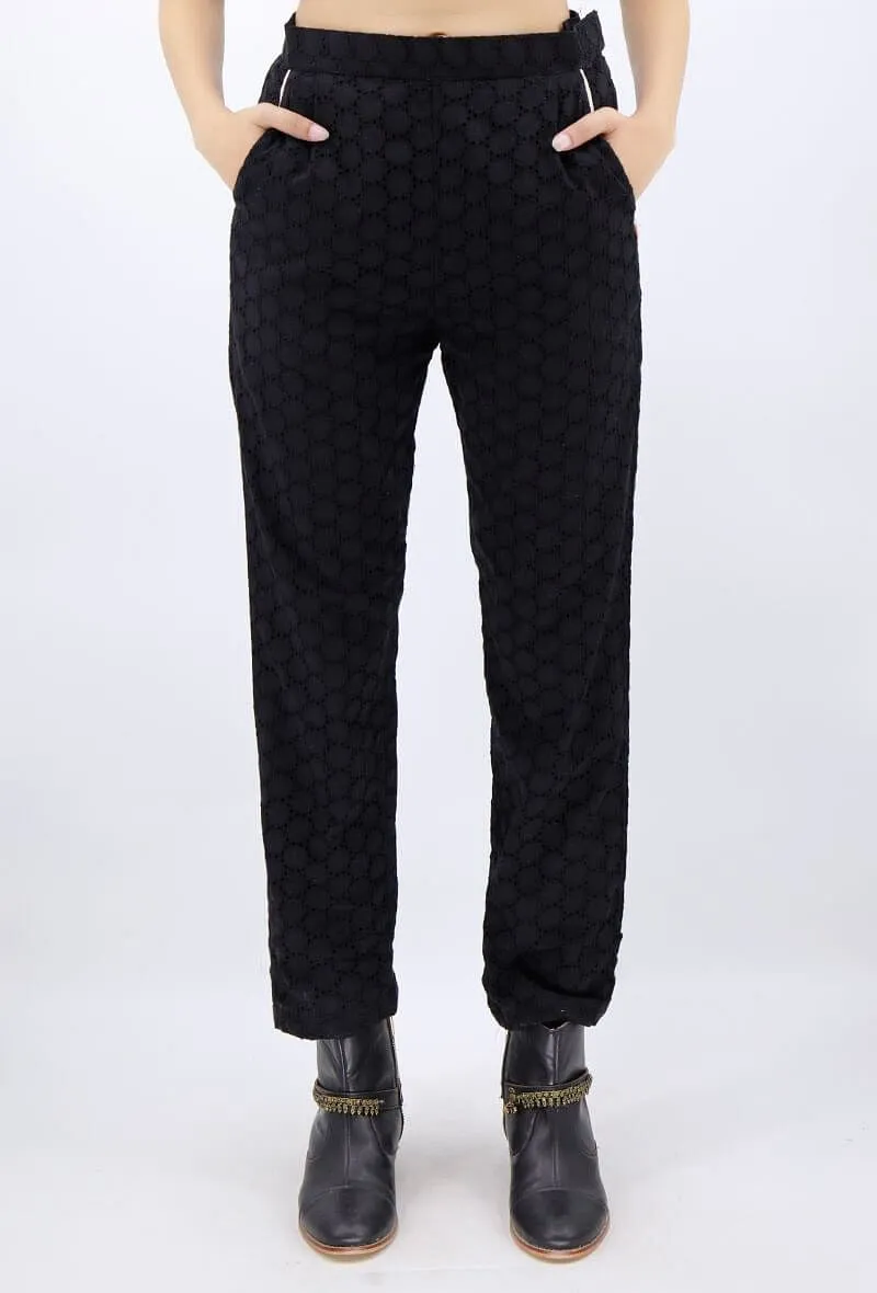 Black Cotton Schiffli Pants With Contrast Piping