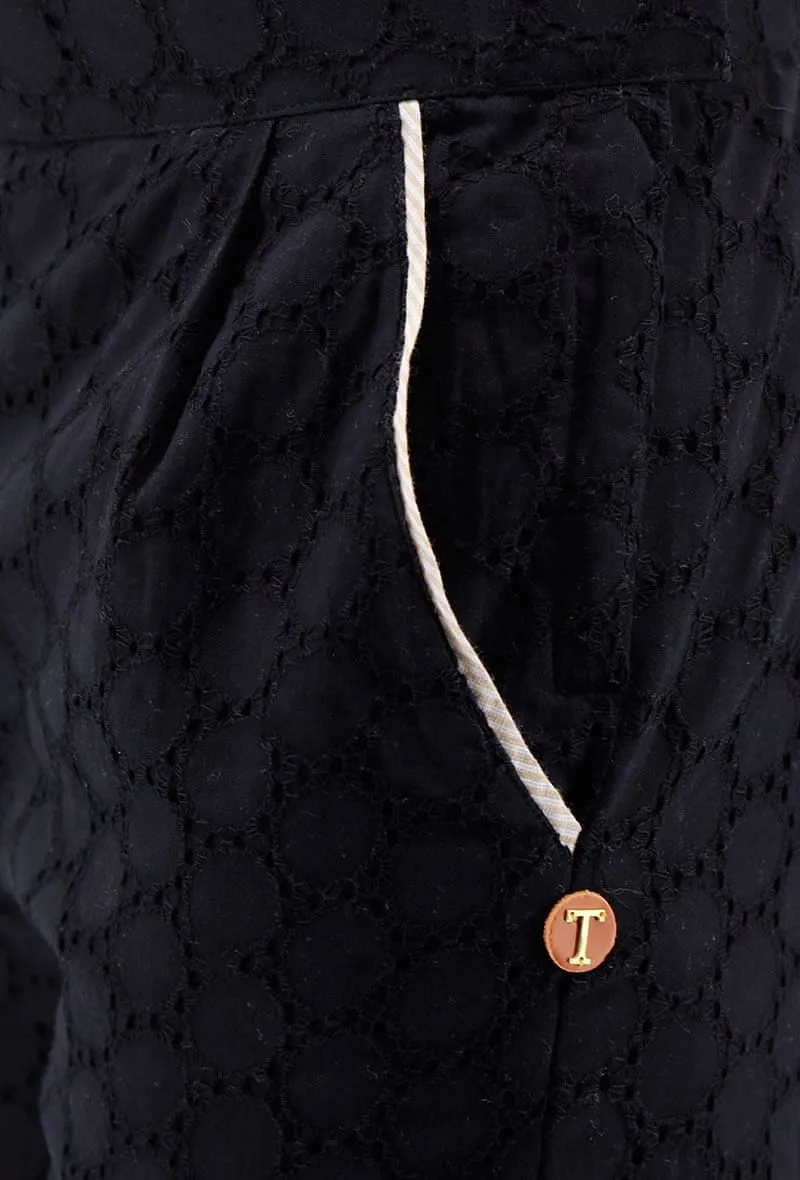 Black Cotton Schiffli Pants With Contrast Piping