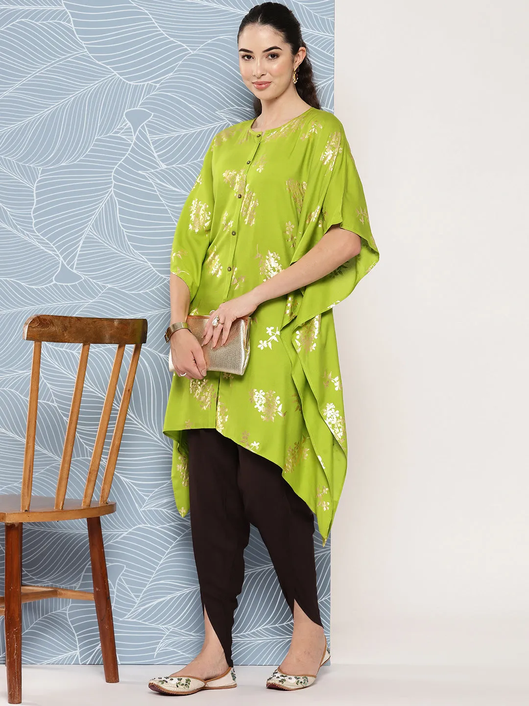 Lime Green Rayon Foil Printed Kurta with Tulip Pant