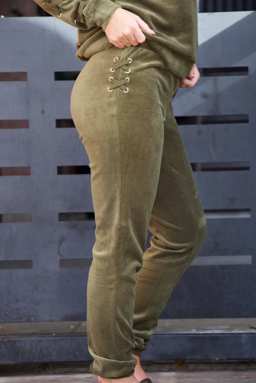 Run To You Olive Velour Lace Up Jogger Pants