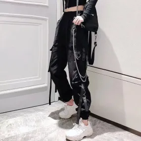 Streetwear Black Cargo Pants with Chain Accessory - Women's Y2K Fashion